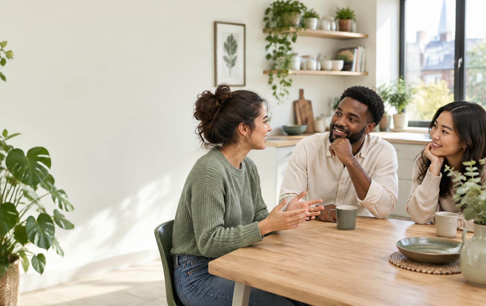 Friends enjoying a relaxed conversation at a kitchen table